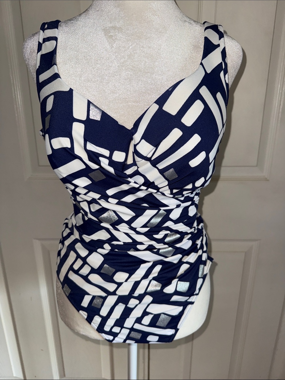 Miraclesuit Estilo Blue, White And Metallic Silver One Piece Underwire Swimsuit